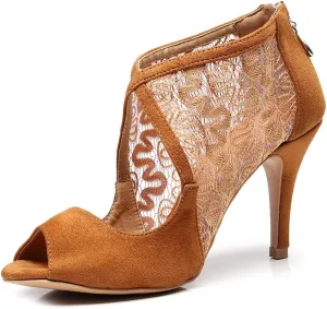 YKXLM Women's Professional Mesh Latin Dance Shoes, Ladies Modern Salsa Ballroom Performance Dancing Shoes, Model QJW1004-10,Bronze,9 US