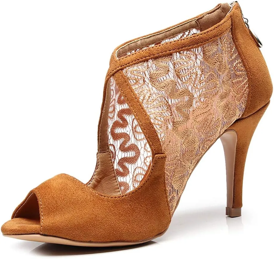 YKXLM Women's Professional Mesh Latin Dance Shoes, Ladies Modern Salsa Ballroom Performance Dancing Shoes, Model QJW1004-10,Bronze,9 US