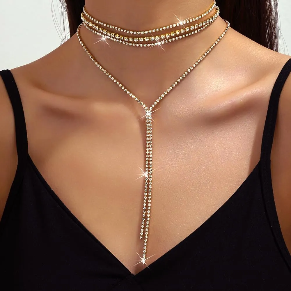 YOOESTORES82 Layered Rhinestone Long Choker Necklace for Women Layered Cubic Zirconia Necklace Multilayer Tassel Y Long Statement Necklaces