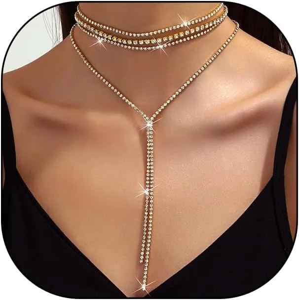 YOOESTORES82 Layered Rhinestone Long Choker Necklace for Women Layered Cubic Zirconia Necklace Multilayer Tassel Y Long Statement Necklaces