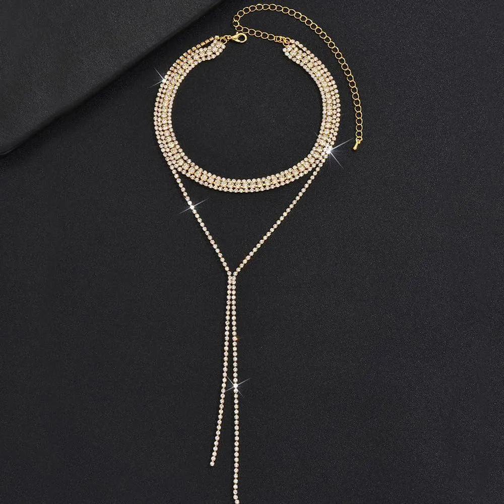 YOOESTORES82 Layered Rhinestone Long Choker Necklace for Women Layered Cubic Zirconia Necklace Multilayer Tassel Y Long Statement Necklaces