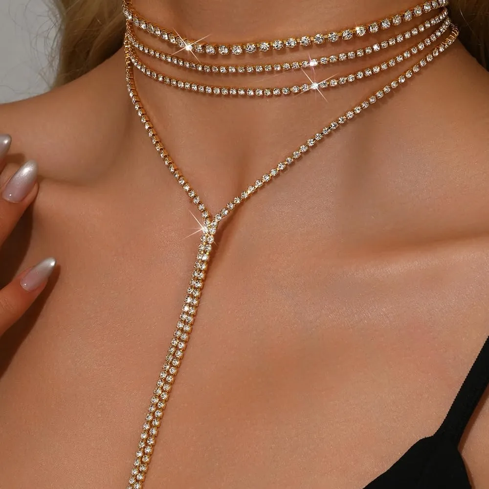 YOOESTORES82 Layered Rhinestone Long Choker Necklace for Women Layered Cubic Zirconia Necklace Multilayer Tassel Y Long Statement Necklaces