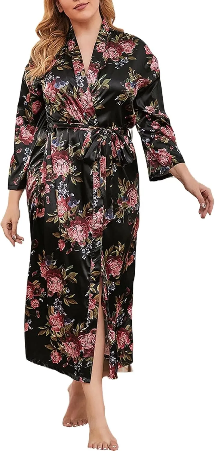 YUAKOU Women Kimonos Robes Bathrobe Lightweight Silk Floral Sleepwear Plus Size Long V-neck Casual Ladies Loungewear