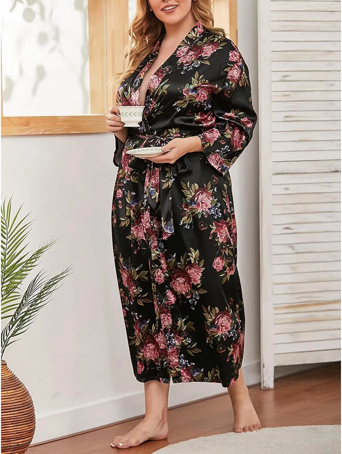 YUAKOU Women Kimonos Robes Bathrobe Lightweight Silk Floral Sleepwear Plus Size Long V-neck Casual Ladies Loungewear