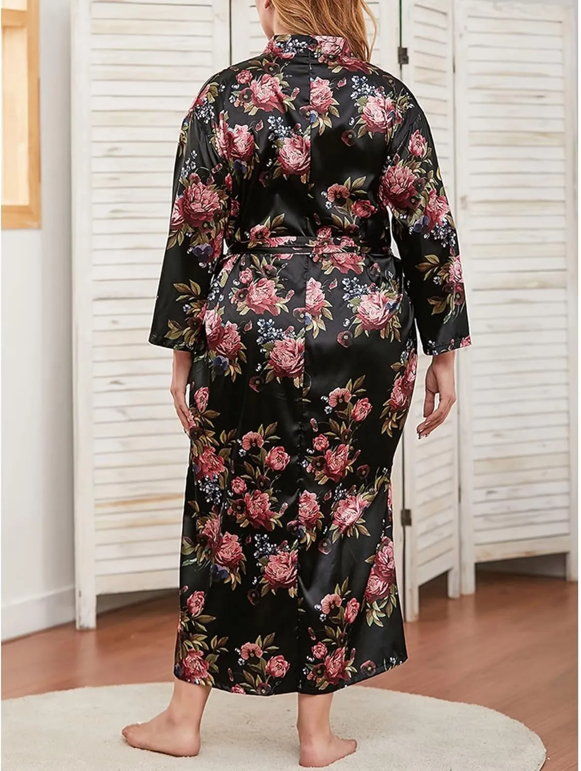 YUAKOU Women Kimonos Robes Bathrobe Lightweight Silk Floral Sleepwear Plus Size Long V-neck Casual Ladies Loungewear