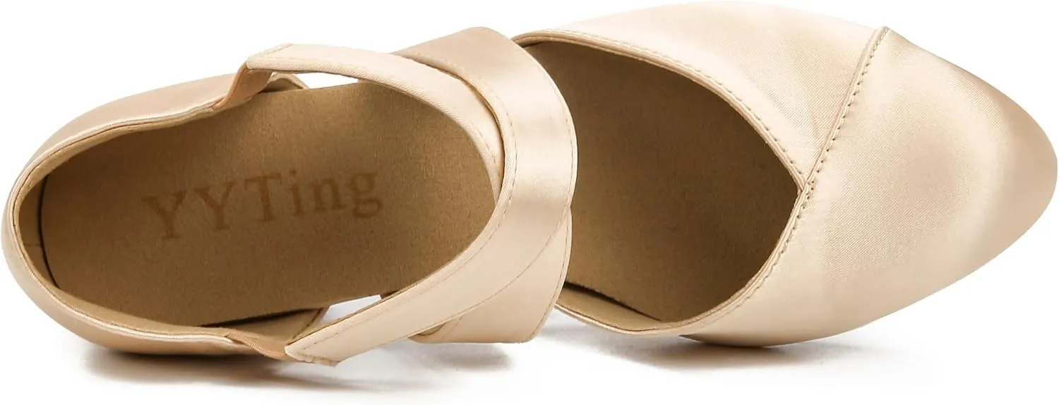 YYTing Women Swing Latin Ballroom Dance Shoes (Closed Toe, Suede Sole, Elastic Closure) 1.5 inch Heel YT26