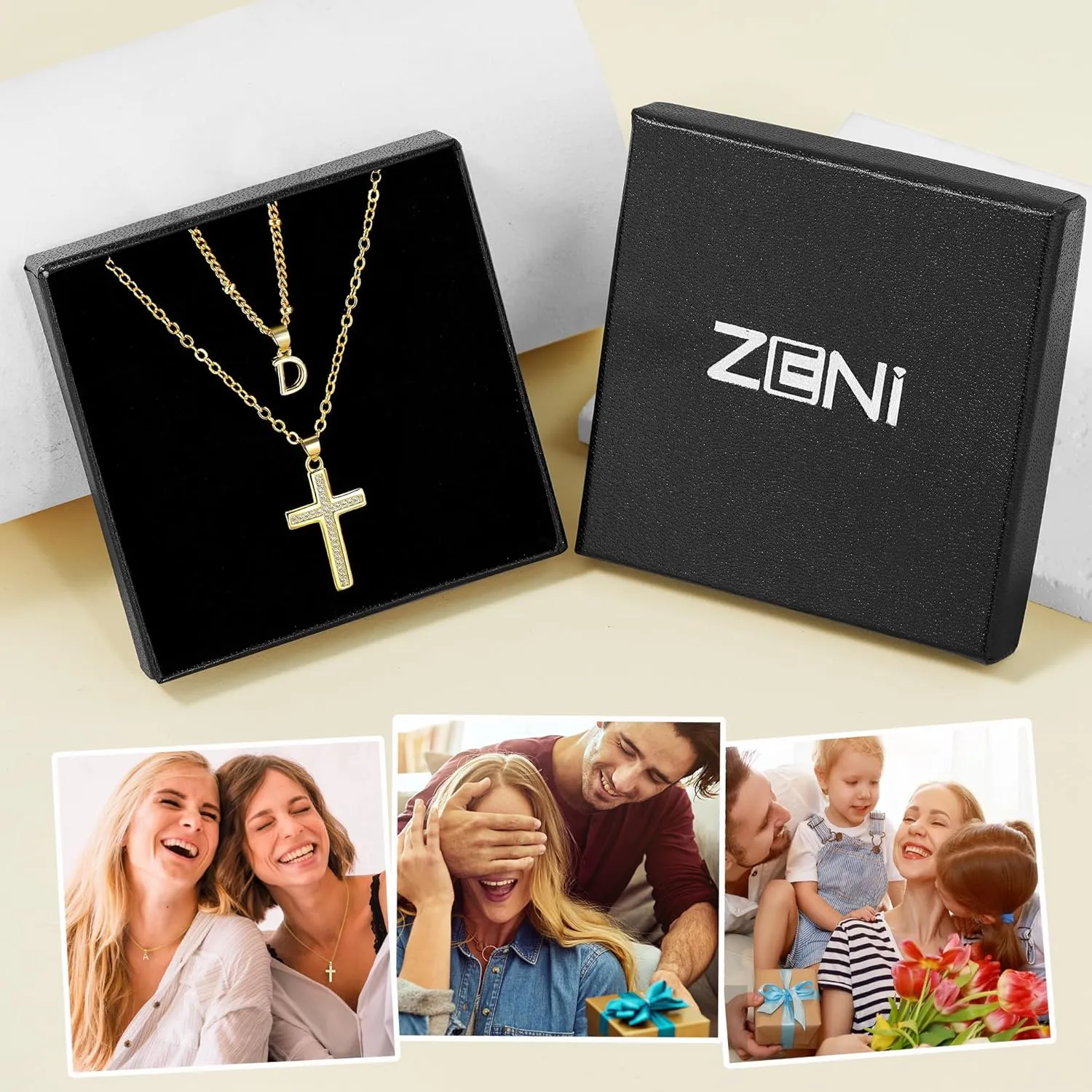 ZENI Dainty Cross Necklaces for Women, 14K Gold Plated Layered Chain Initial Pendant Choker Necklace, Cubic Zirconia Cross Christian Faith Jewelry Communion Baptism Gifts for Girls