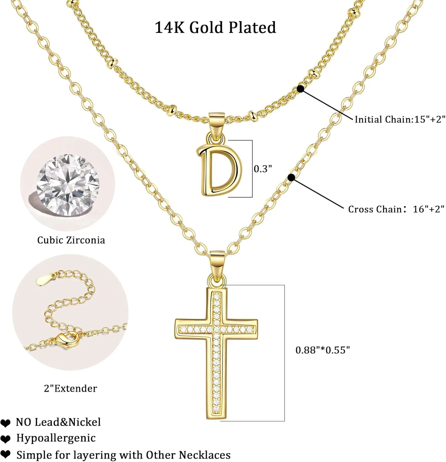 ZENI Dainty Cross Necklaces for Women, 14K Gold Plated Layered Chain Initial Pendant Choker Necklace, Cubic Zirconia Cross Christian Faith Jewelry Communion Baptism Gifts for Girls