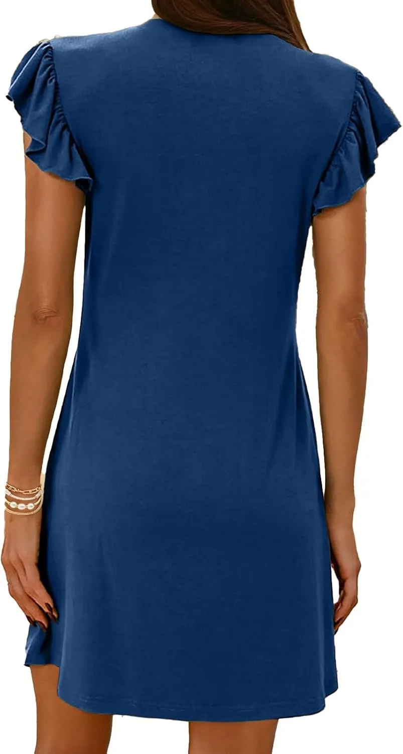 ZWRXW Women's Summer Dresses 2025 Elegant Ruffle Sleeve Mini Dresses Casual Deep V Neck Loose Sundress Vacation Beach Dress